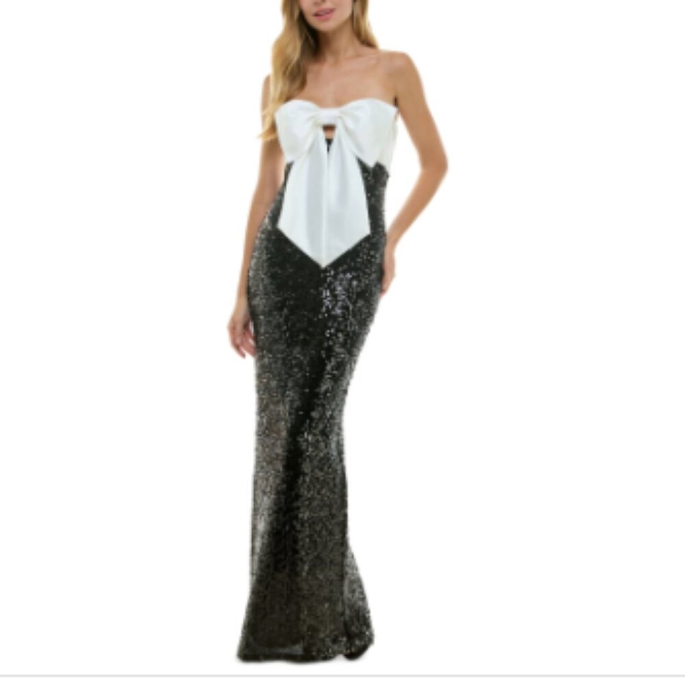 City Studios Juniors' Bow-Bodice Sequinned Evening Gown - Ivory/blac